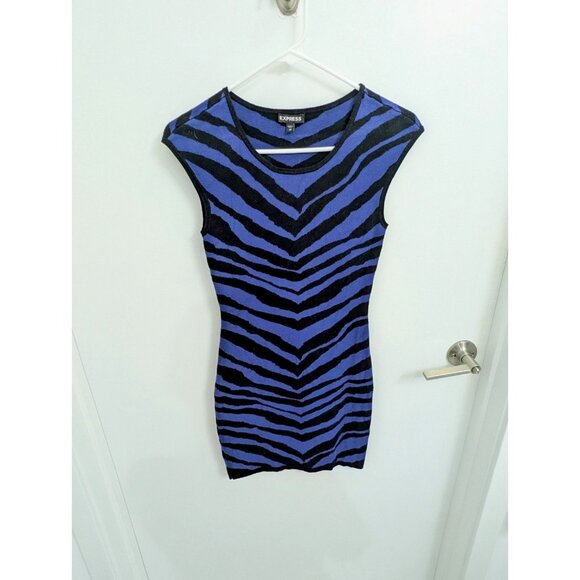 Animal Stripe Round Neck Mini Sweater Dress, Black & Blue Express XS - Picture 1 of 4